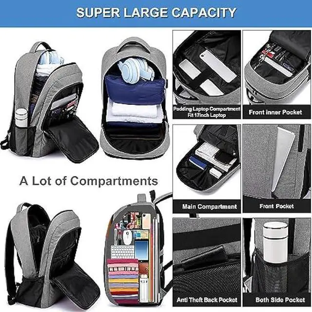 Alt view image 3 of 6 - Travel Laptop Backpack,Business Work Bag Water Resistant 17.3 inch Laptop Backpack Bag for Men Women with USB Charging Port,Anti Theft Slim Durable Computer Bag for Laptop College Bookbags Gifts,Grey