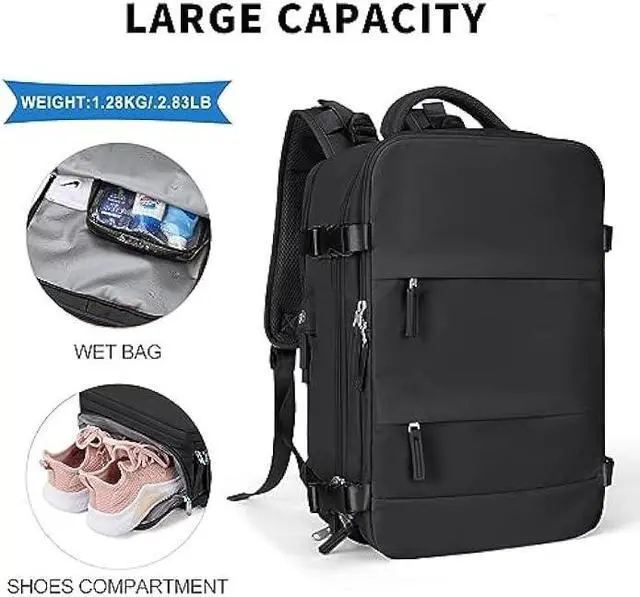 Alt view image 3 of 6 - coowoz Large Travel Backpack For Women Men,Carry On Backpack Flight Approved,Hiking Backpack Waterproof Outdoor Sports Rucksack Casual Daypack Fit 15.6 Inch Laptop Shoes Compartment (Black)