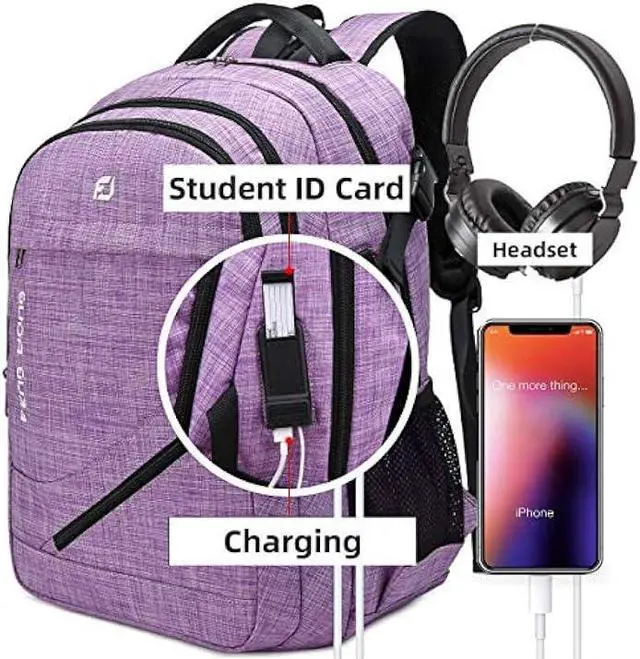 Alt view image 2 of 5 - FENGDONG Large Laptop Backpack 17.3 inch Durable Waterproof Travel College Backpack Bookbag for Men & Women Business Backpack with USB Charging Port and Headset Port Light Purple