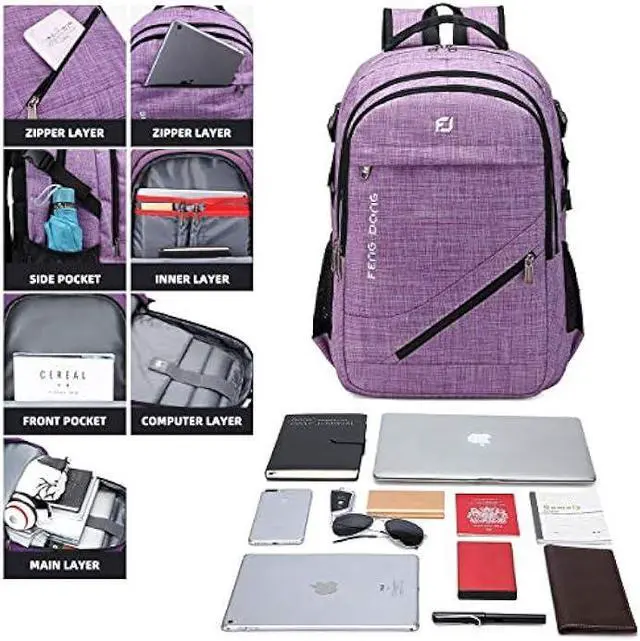 Alt view image 3 of 5 - FENGDONG Large Laptop Backpack 17.3 inch Durable Waterproof Travel College Backpack Bookbag for Men & Women Business Backpack with USB Charging Port and Headset Port Light Purple