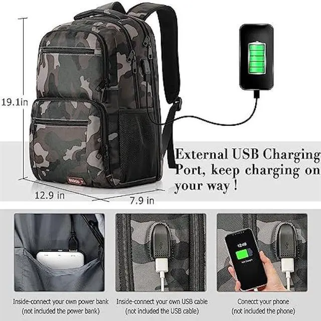 Alt view image 4 of 7 - BIKROD Travel Laptop Backpack, School Backpacks for Teen Boys Water Resistant Back Pack with USB Charging Port, Business Anti Theft Durable Computer Bag Gifts Fits 15.6 Inch Laptop-Camouflage