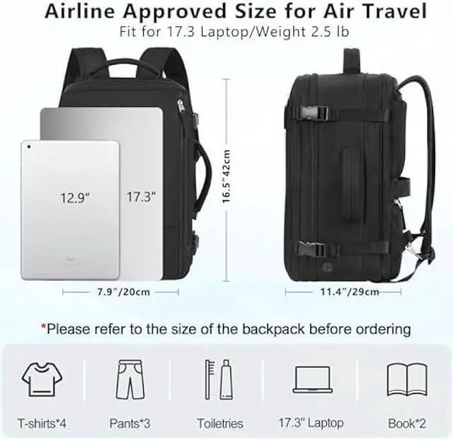 Alt view image 2 of 7 - Snoffic Reliable Travel Backpack for Men Women, Carry On Backpack Personal Item Size, Waterproof College Backpack, Business Work Hiking Casual Daypack Bag, Fits 17.3 Laptop, Black