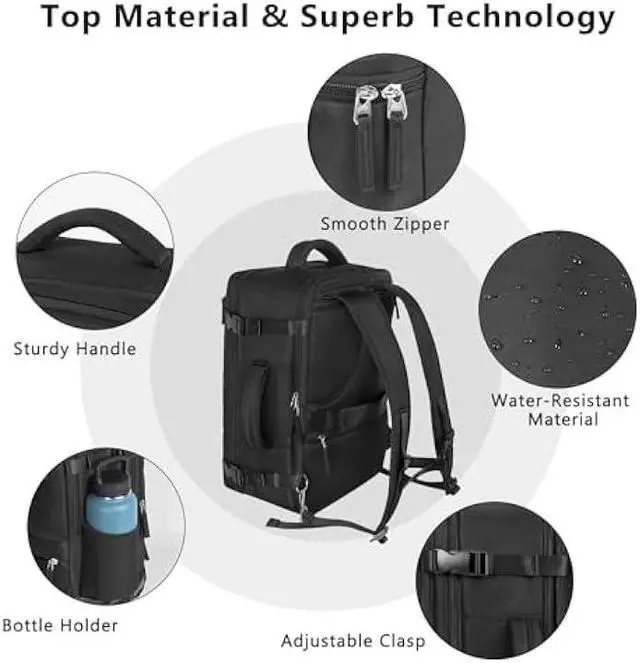 Alt view image 3 of 7 - Snoffic Reliable Travel Backpack for Men Women, Carry On Backpack Personal Item Size, Waterproof College Backpack, Business Work Hiking Casual Daypack Bag, Fits 17.3 Laptop, Black
