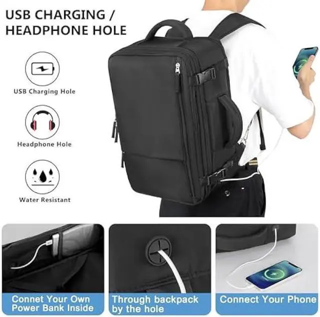 Alt view image 4 of 7 - Snoffic Reliable Travel Backpack for Men Women, Carry On Backpack Personal Item Size, Waterproof College Backpack, Business Work Hiking Casual Daypack Bag, Fits 17.3 Laptop, Black