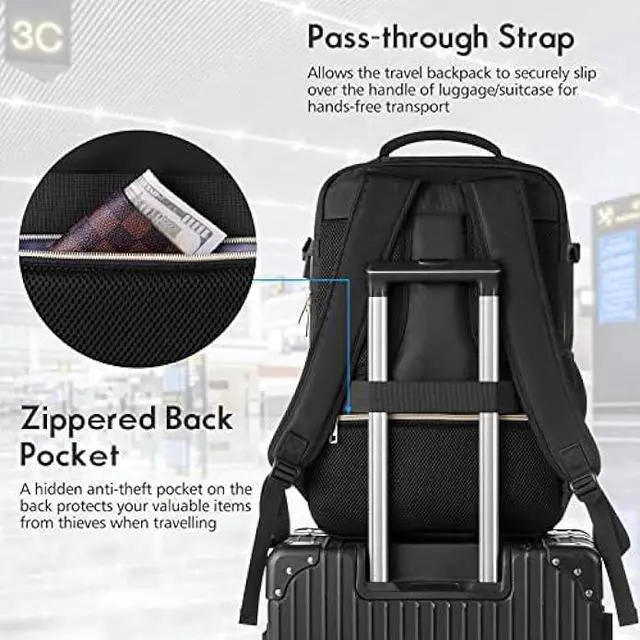 Alt view image 6 of 6 - MOMUVO Large Travel Backpack Women, Flight Approved Carry On Backpack, Water Resistant Anti-Theft Large Casual Daypack School Bag Fit 17 Inch Laptop with USB Charging Port, Black