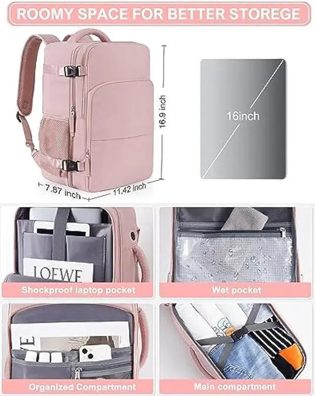 Alt view image 4 of 7 - Beraliy Travel Backpack for Women, Airline Approved Backpack, Personal Item Bag, Carry On Backpack,Weekender Bag, Lightweight Backpack Casual Hiking Daypack, Pink