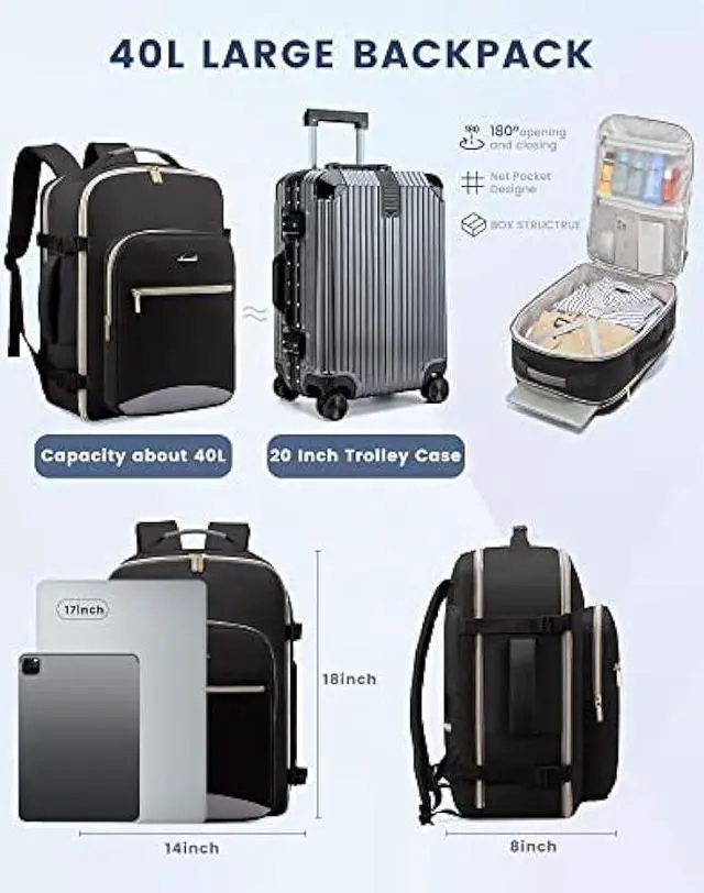 Alt view image 3 of 6 - LOVEVOOK Travel Backpack for Women Men as Personal Item Flight Approved, 40L Luggage Carry On Backpack, 17.3inch Large Daypack Laptop Backpack Waterproof Outdoor Sports with 3 Packing Cubes, Black