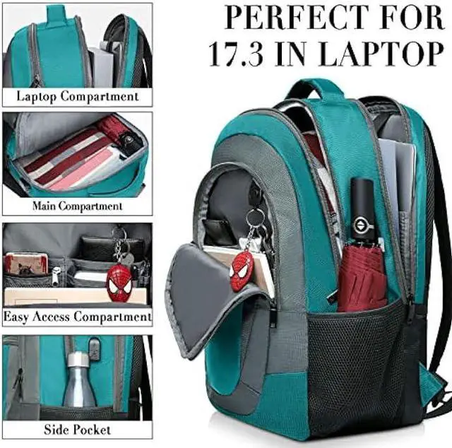 Alt view image 2 of 7 - BIKROD Teal Backpack for Woman and Men, Travel Laptop School Backpack for Teens with USB Charging, Waterproof College Back Pack for 17.3 IN Laptop Backpack, Adult Business Computer Travel Backpack,