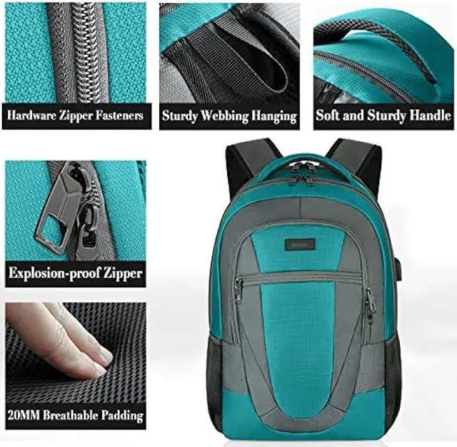 Alt view image 3 of 7 - BIKROD Teal Backpack for Woman and Men, Travel Laptop School Backpack for Teens with USB Charging, Waterproof College Back Pack for 17.3 IN Laptop Backpack, Adult Business Computer Travel Backpack,