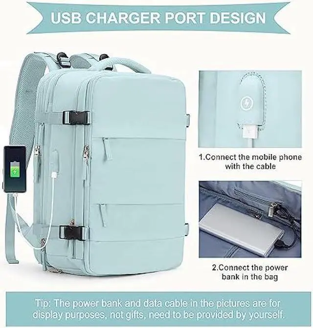 Alt view image 4 of 7 - Large Travel Backpack For Women Men, Carry On Backpack,Hiking Backpack Waterproof Outdoor Sports Rucksack Casual Daypack Fit 15.6 Inch Laptop with USB Charging Port Shoes Compartment(Blue Expansion)
