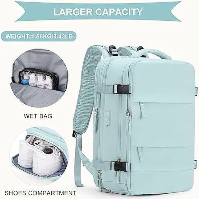 Alt view image 3 of 7 - Large Travel Backpack For Women Men, Carry On Backpack,Hiking Backpack Waterproof Outdoor Sports Rucksack Casual Daypack Fit 15.6 Inch Laptop with USB Charging Port Shoes Compartment(Blue Expansion)
