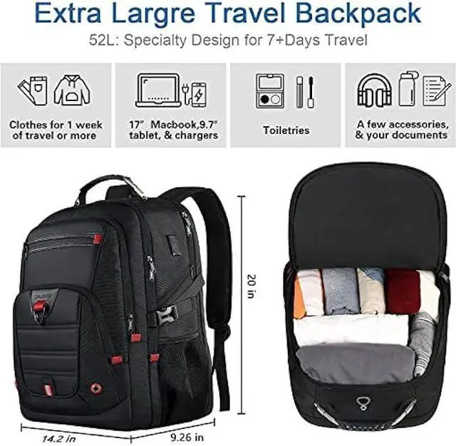 Alt view image 4 of 6 - Z-MGKISS Extra Large Travel Backpack, Laptop Backpack, TSA Backpack 17.3 Inch, 50L Durable Anti Theft 17 Inch Big Business Backpack, Gifts for Men & Women, Water Resistant Bag with USB Port, Black