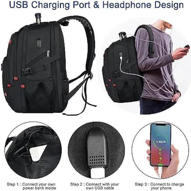 Alt view image 5 of 6 - Z-MGKISS Extra Large Travel Backpack, Laptop Backpack, TSA Backpack 17.3 Inch, 50L Durable Anti Theft 17 Inch Big Business Backpack, Gifts for Men & Women, Water Resistant Bag with USB Port, Black