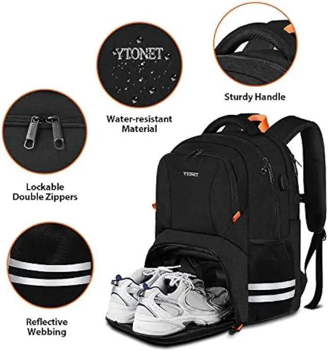 Alt view image 4 of 7 - Ytonet Gym Backpack For Men Women, Travel Sports Track Backpack With Shoe Compartment USB Charging Port, Large Water Resistant Workout Laptop Backpack College Bag Fit 15.6 Inch, Camping, Black