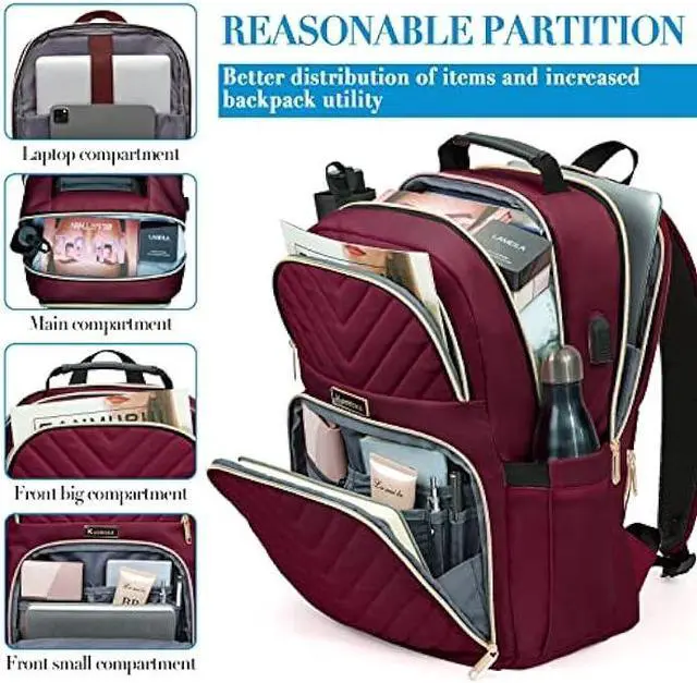 Alt view image 2 of 6 - Kuosdaz Laptop Backpack for Women, School Backpack for Teens, 15.6 Inch Large Fashion College Bookbag for Girls with USB Charging Port, Women Work Travel Back Pack Purse Casual Daypacks, Wine Red