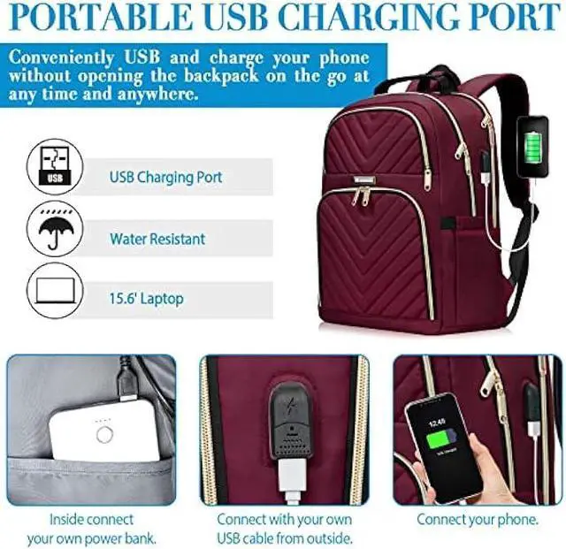 Alt view image 3 of 6 - Kuosdaz Laptop Backpack for Women, School Backpack for Teens, 15.6 Inch Large Fashion College Bookbag for Girls with USB Charging Port, Women Work Travel Back Pack Purse Casual Daypacks, Wine Red