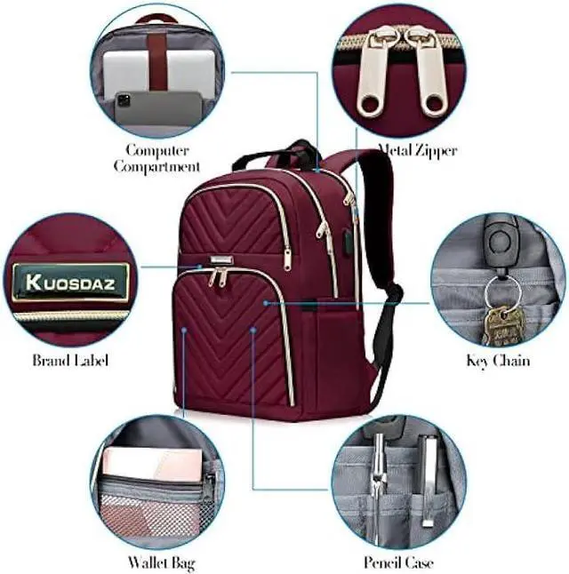 Alt view image 6 of 6 - Kuosdaz Laptop Backpack for Women, School Backpack for Teens, 15.6 Inch Large Fashion College Bookbag for Girls with USB Charging Port, Women Work Travel Back Pack Purse Casual Daypacks, Wine Red
