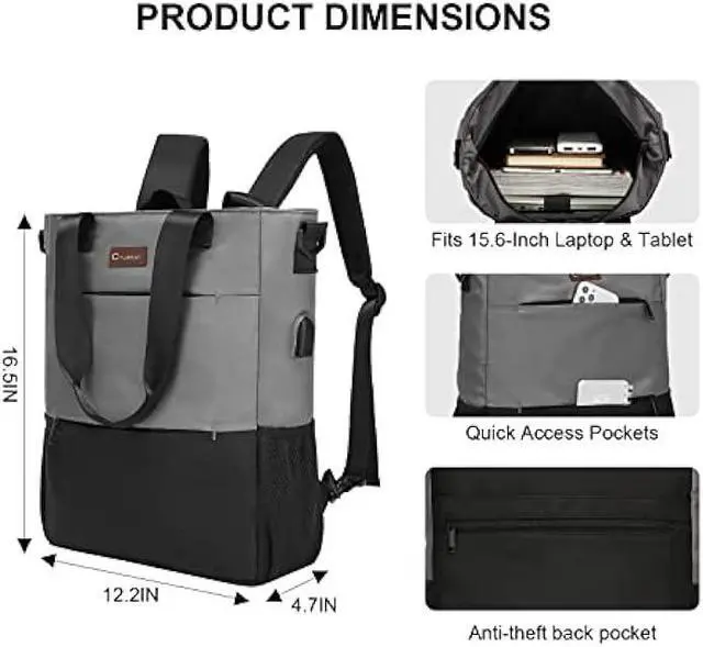 Alt view image 5 of 6 - CYUREAY Convertible Backpack Tote Women Laptop Daypack Water Resistant Casual Backpack for Work Computer Fits 15.6-Inch Laptop & Tablet, Grey