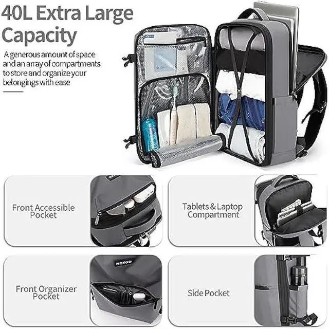 Alt view image 5 of 7 - RDTGO Travel Backpack for Men Women, Extra Large 40L Flight Approved Carry on Backpack,Waterproof Travel Essentials with 4 Packing Cubes, Expandable 17 Inch Laptop Backpack for Casual Business College