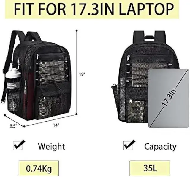 Alt view image 2 of 5 - UEASE Mesh Backpack Heavy Duty for School, 35L Extra Large Mesh Bookbag for Adults, See Through Mesh Black School Bag with Laptop Pocket for Work Swimming Beach Fitness Sport