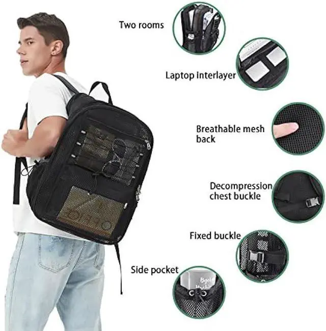 Alt view image 4 of 5 - UEASE Mesh Backpack Heavy Duty for School, 35L Extra Large Mesh Bookbag for Adults, See Through Mesh Black School Bag with Laptop Pocket for Work Swimming Beach Fitness Sport