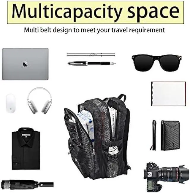 Alt view image 3 of 5 - UEASE Mesh Backpack Heavy Duty for School, 35L Extra Large Mesh Bookbag for Adults, See Through Mesh Black School Bag with Laptop Pocket for Work Swimming Beach Fitness Sport