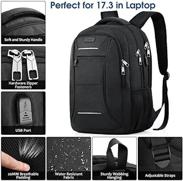 Alt view image 3 of 7 - Travel Laptop Backpack for Men and Women, 17 Inch Large School Backpacks for Teens, Business Anti Theft Durable Back Pack, Water Resistant Computer Bag with USB Charging Port, Black