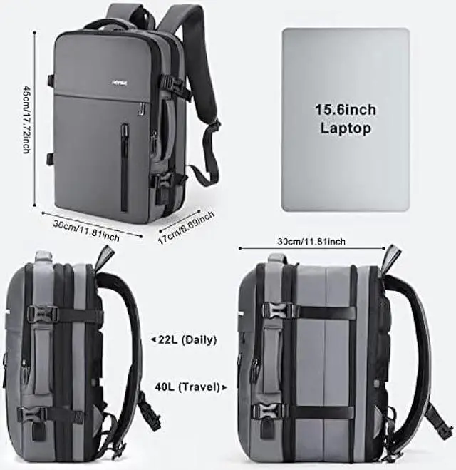Alt view image 2 of 6 - HOMIEE Carry on Backpack Extra Large 40L Travel Bag, Expandable Hand Luggage Anti-Theft Business Backpack, Water Resistant Lightweight Weekender Bag, Dark Grey
