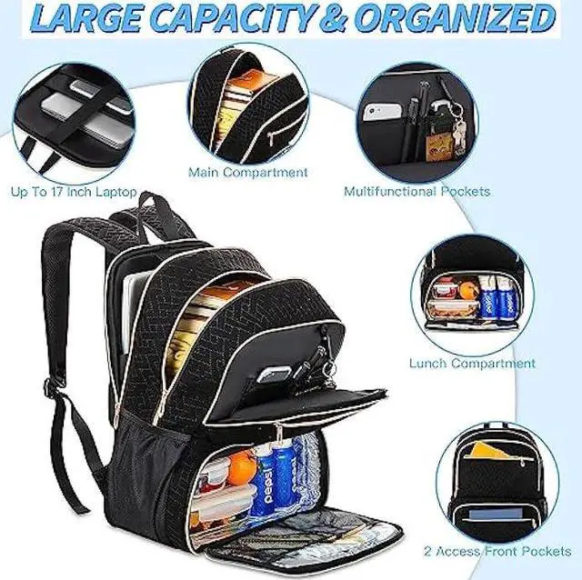 Alt view image 3 of 6 - BAOXA Lunch Backpack for Women Men, 17 inch Laptop Backpack with USB Charging Port, Large Computer Backpack with Lunch Compartment, Insulated Backpack Lunch Bag for Work Travel (Black, 17in)