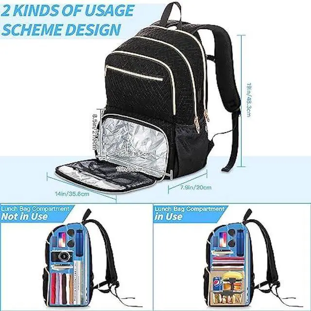 Alt view image 6 of 6 - BAOXA Lunch Backpack for Women Men, 17 inch Laptop Backpack with USB Charging Port, Large Computer Backpack with Lunch Compartment, Insulated Backpack Lunch Bag for Work Travel (Black, 17in)