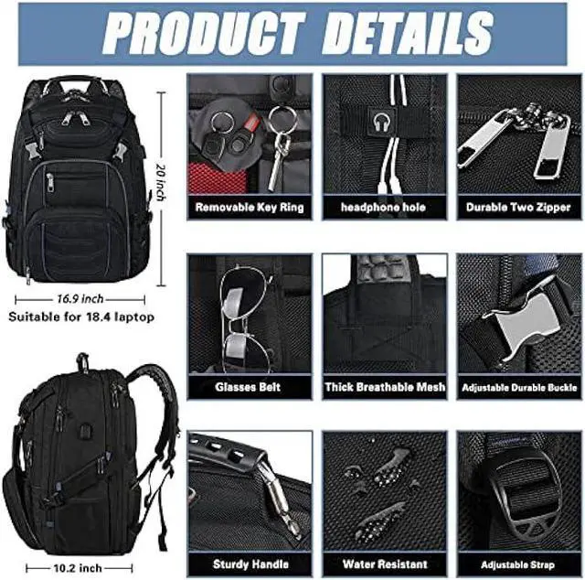 Alt view image 3 of 6 - SINVICKO 18.4 Inch Laptop Backpack, Extra Large Travel Backpack with USB Charger Port for Men Women, 60L Big Capacity Heavy Duty Computer Bag TSA Friendly RFID Anti Theft Pocket Durable Backbag