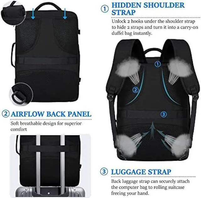 Alt view image 4 of 6 - IGOLUMON Travel Backpack for Men Women 40L Flight Approved Carry on Backpack 17 Inch Waterproof Laptop Backpack Large Luggage Daypack Business College Weekender Backpack with Shoe Bag, Dark Black