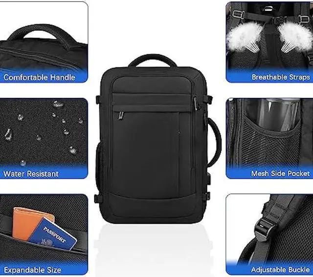 Alt view image 5 of 6 - Travel Backpack, Extra Large Backpack, Carry On Backpack, 40L Expandable Airline Approved Water Resistant Business Luggage Suitcase Daypack Bag Fits 17 Inch Laptops, Travel Gifts for Men Women, Black