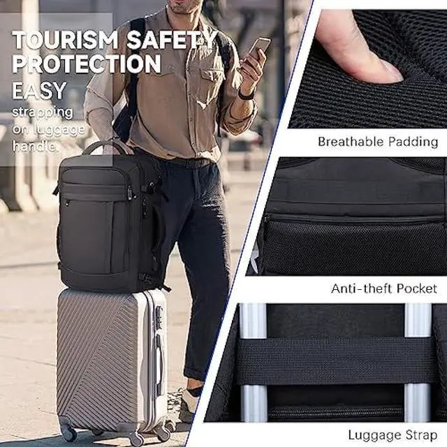 Alt view image 6 of 6 - Travel Backpack, Extra Large Backpack, Carry On Backpack, 40L Expandable Airline Approved Water Resistant Business Luggage Suitcase Daypack Bag Fits 17 Inch Laptops, Travel Gifts for Men Women, Black