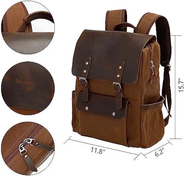 Alt view image 6 of 7 - Modoker Waxed Canvas Backpack, Leather Rucksack Knapsack for Men Woman Satchel Backpack, Vintage Travel Laptop Backpack 15.6 Inch Retro Flap Backpacks Canvas Carry On Casual Bookbag Daypack Brown