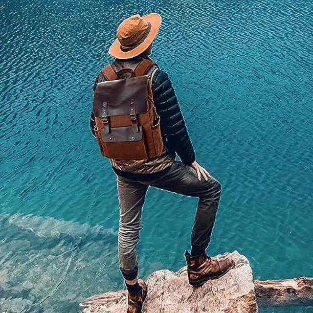 Alt view image 7 of 7 - Modoker Waxed Canvas Backpack, Leather Rucksack Knapsack for Men Woman Satchel Backpack, Vintage Travel Laptop Backpack 15.6 Inch Retro Flap Backpacks Canvas Carry On Casual Bookbag Daypack Brown