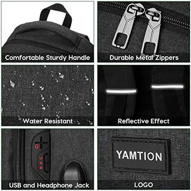 Alt view image 4 of 7 - YAMTION Black Backpack for Men and Women,School Backpack Bookbag for Teen Boys and Girls Laptop Backpack with USB for Collge Work Business