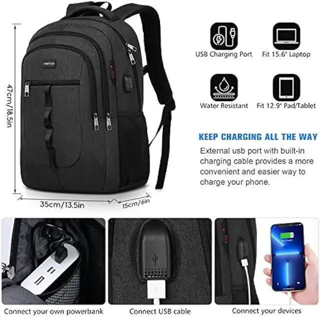 Alt view image 7 of 7 - YAMTION Black Backpack for Men and Women,School Backpack Bookbag for Teen Boys and Girls Laptop Backpack with USB for Collge Work Business