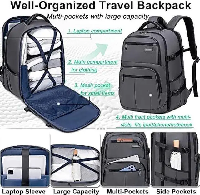 Alt view image 3 of 7 - Otevan Travel Backpack for Men Women,45L Carry On Backpack Flight Approved,Large Laptop Backpack,Expandable Luggage Backpack Water Resistant Bookbag Weekender Overnight Bag Daypack Fit 17 Inch