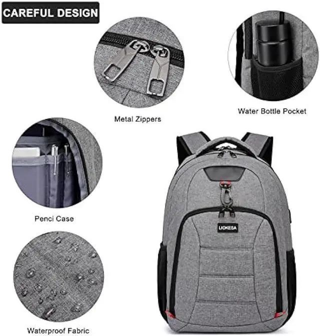 Alt view image 5 of 6 - Liokesa Laptop Backpack for Men, School Backpack for Teen Boys with USB Charging Port, Travel Water Resistant Students Book Bags, Large College Work Back Pack Fit 15.6 Inch Laptop, Grey