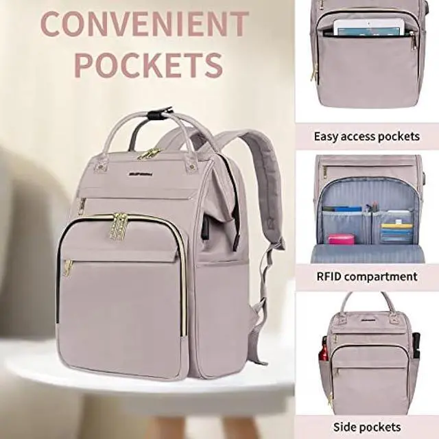 Alt view image 4 of 6 - EMPSIGN Laptop Backpack for Women 15.6 Inch Travel Work Backpack, 35L Waterproof Backpack Pures with USB Port & RFID Blocking, Largre Capacity Casual College Backpack, Grey Pink