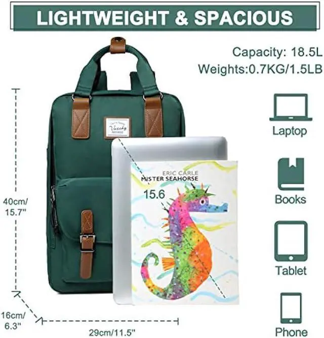Alt view image 2 of 7 - VASCHY School Backpack for Men and Women, Unisex Vintage Water Resistant Casual Daypack Rucksack Bookbag for College Fits 15inch Laptop Blackish Green