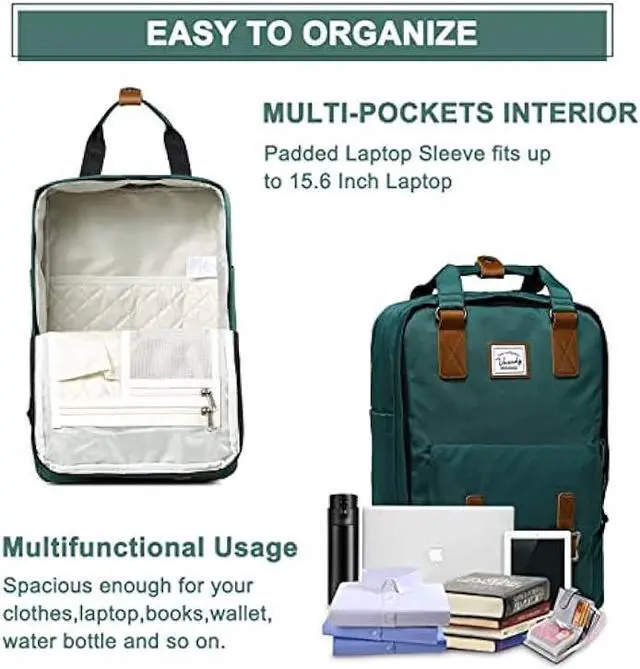 Alt view image 3 of 7 - VASCHY School Backpack for Men and Women, Unisex Vintage Water Resistant Casual Daypack Rucksack Bookbag for College Fits 15inch Laptop Blackish Green