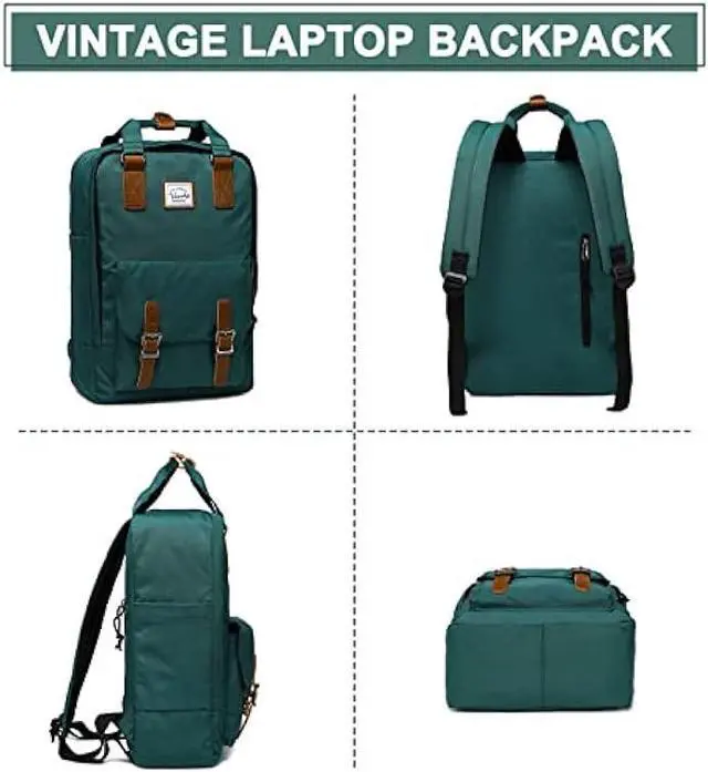 Alt view image 6 of 7 - VASCHY School Backpack for Men and Women, Unisex Vintage Water Resistant Casual Daypack Rucksack Bookbag for College Fits 15inch Laptop Blackish Green