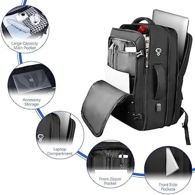 Alt view image 4 of 6 - Travel Backpack, Extra Large Backpack, Carry On Backpack, 40L Expandable Airline Approved Water Resistant Business Luggage Suitcase Daypack Bag Fits 17 Inch Laptops, Travel Gifts for Men Women, Black