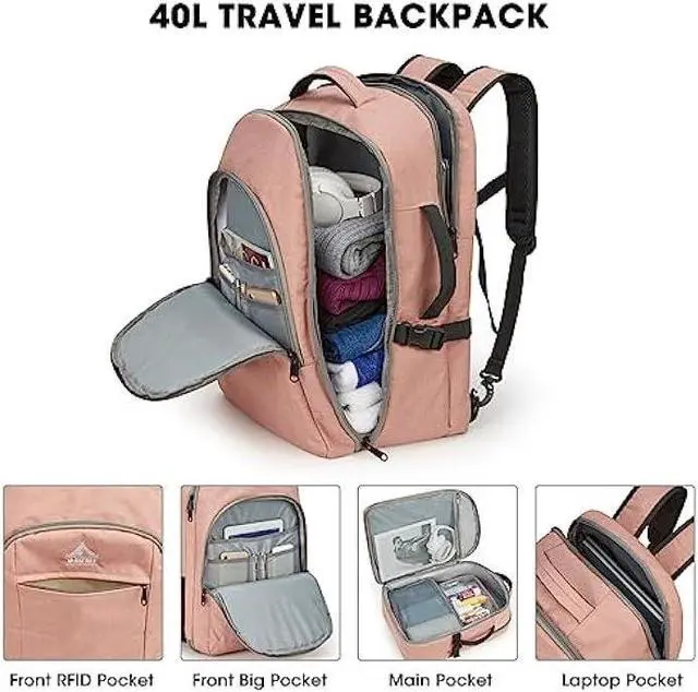 Alt view image 4 of 7 - G4Free Travel Backpack For Women Men 40l Carry On Waterproof Large 17inch Laptop Backpack For Traveling On Airplane, College Bag Casual Daypack With 3 Packing Cubes For Weekender Business Hiking Pink