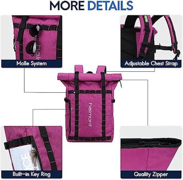Alt view image 4 of 7 - Haimont Rolltop Laptop Backpack for Men Women, Water-Resistant Casual Book Bag for Travel Work Commute 20L, Fuchsia Red