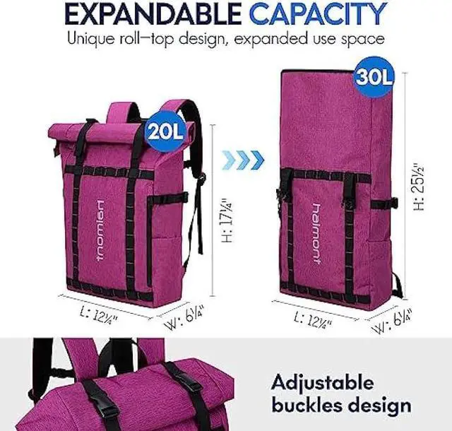 Alt view image 5 of 7 - Haimont Rolltop Laptop Backpack for Men Women, Water-Resistant Casual Book Bag for Travel Work Commute 20L, Fuchsia Red