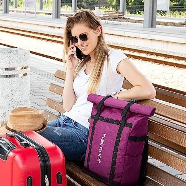 Alt view image 7 of 7 - Haimont Rolltop Laptop Backpack for Men Women, Water-Resistant Casual Book Bag for Travel Work Commute 20L, Fuchsia Red