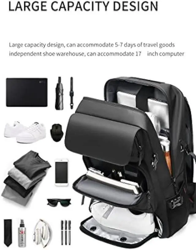 Alt view image 5 of 6 - Men travel backpack,waterproof 17 inch Business Laptop Backpack with Separate Shoe Bag,Hidden USB charging port Hiking backpack 50L outdoors trekking backpack  (blue)